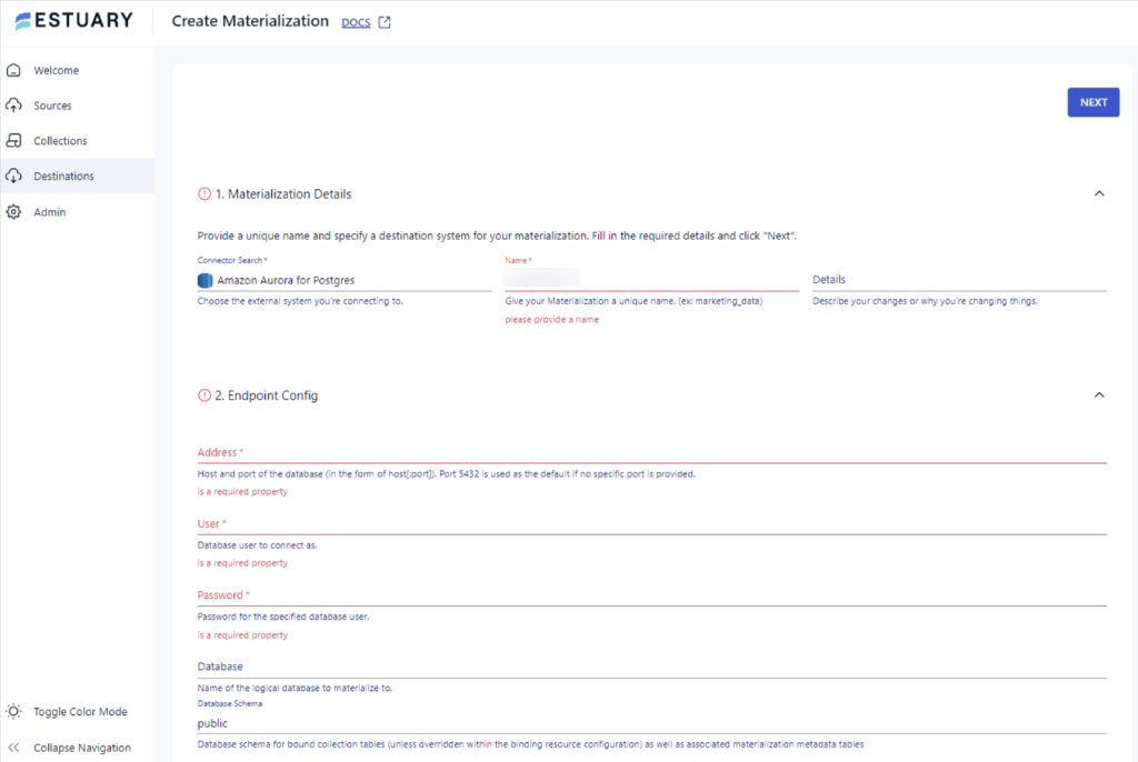 postgres to aurora - materialization details