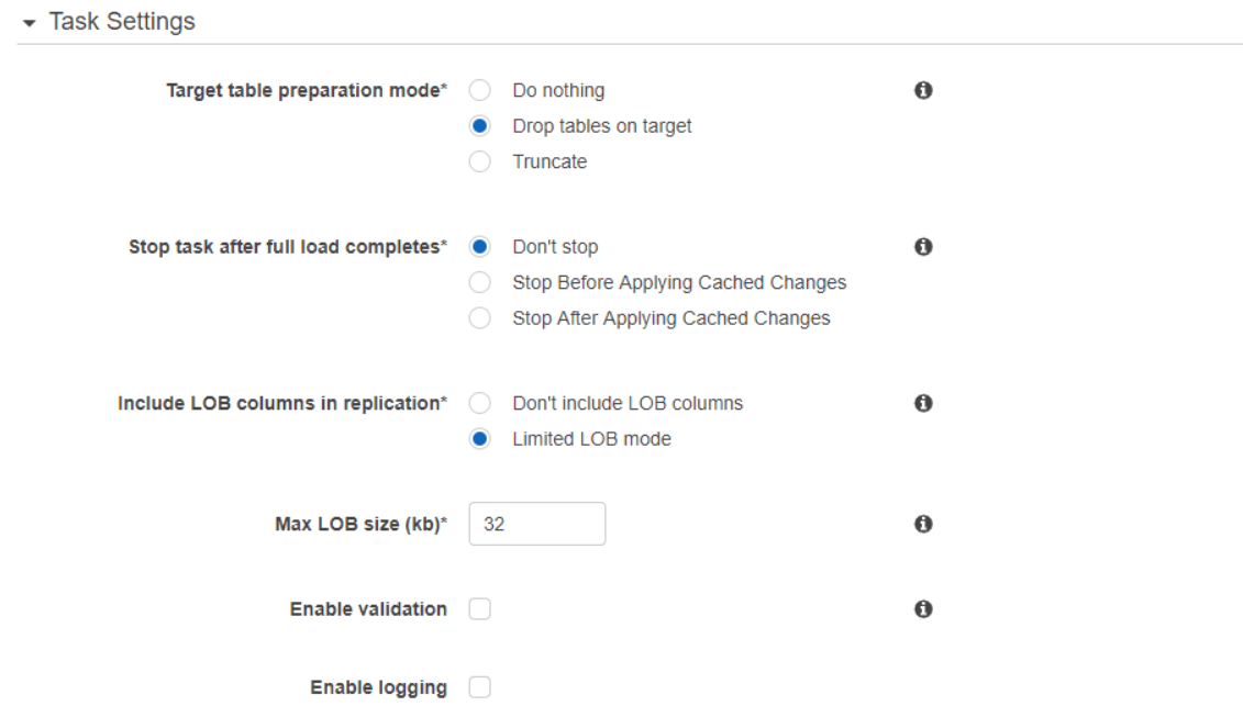 Aurora to Redshift - Task Settings