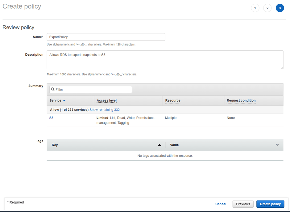 RDS to Snowflake - Create Policy