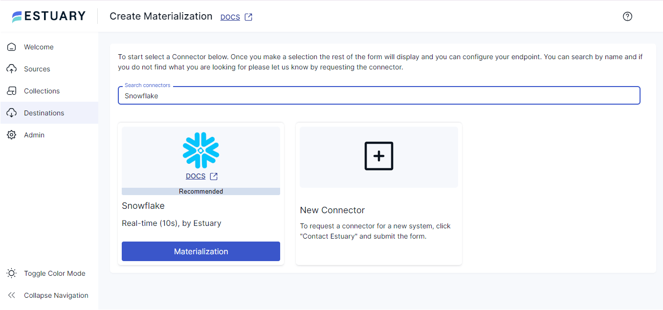 Intercom to Snowflake - Create Materialization - Snowflake connector search