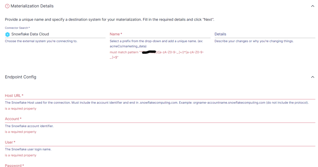 Hubspot to Snowflake - Materialization Details - Endpoint Configuration