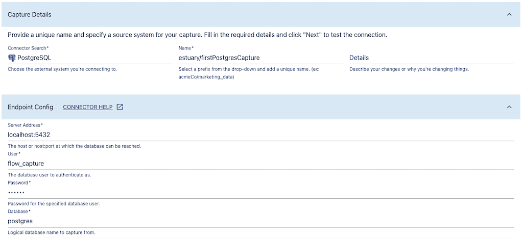 Postgres to BigQuery - Postgres Data Capture Details - Endpoint Configuration