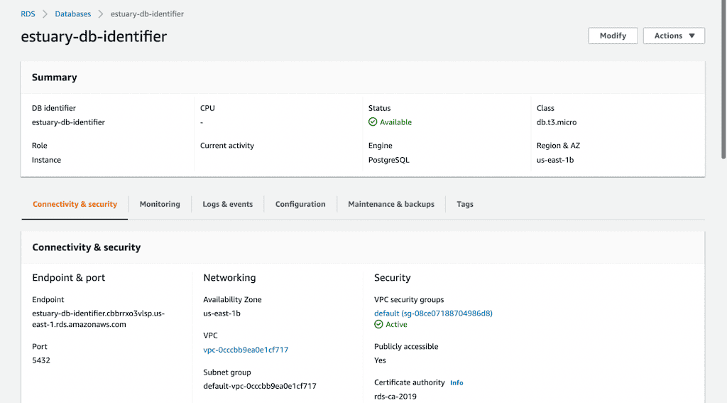 Configure an AWS RDS for the Postgres Instance - Create the Database - estuary-db-identifier