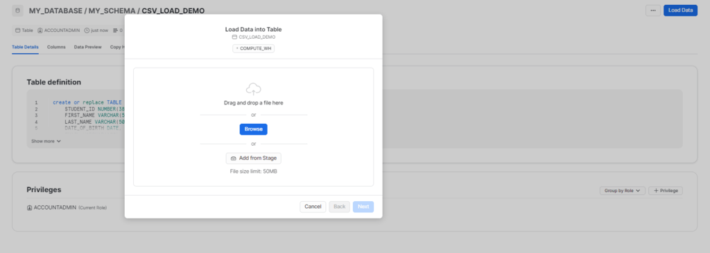 CSV to Snowflake - Initiate data loading