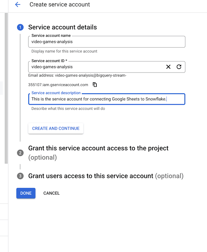 google sheets to snowflake  - service account