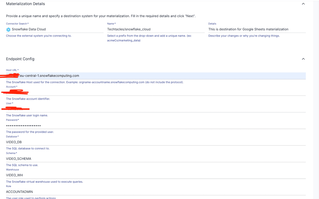 google sheets to snowflake - materialization config